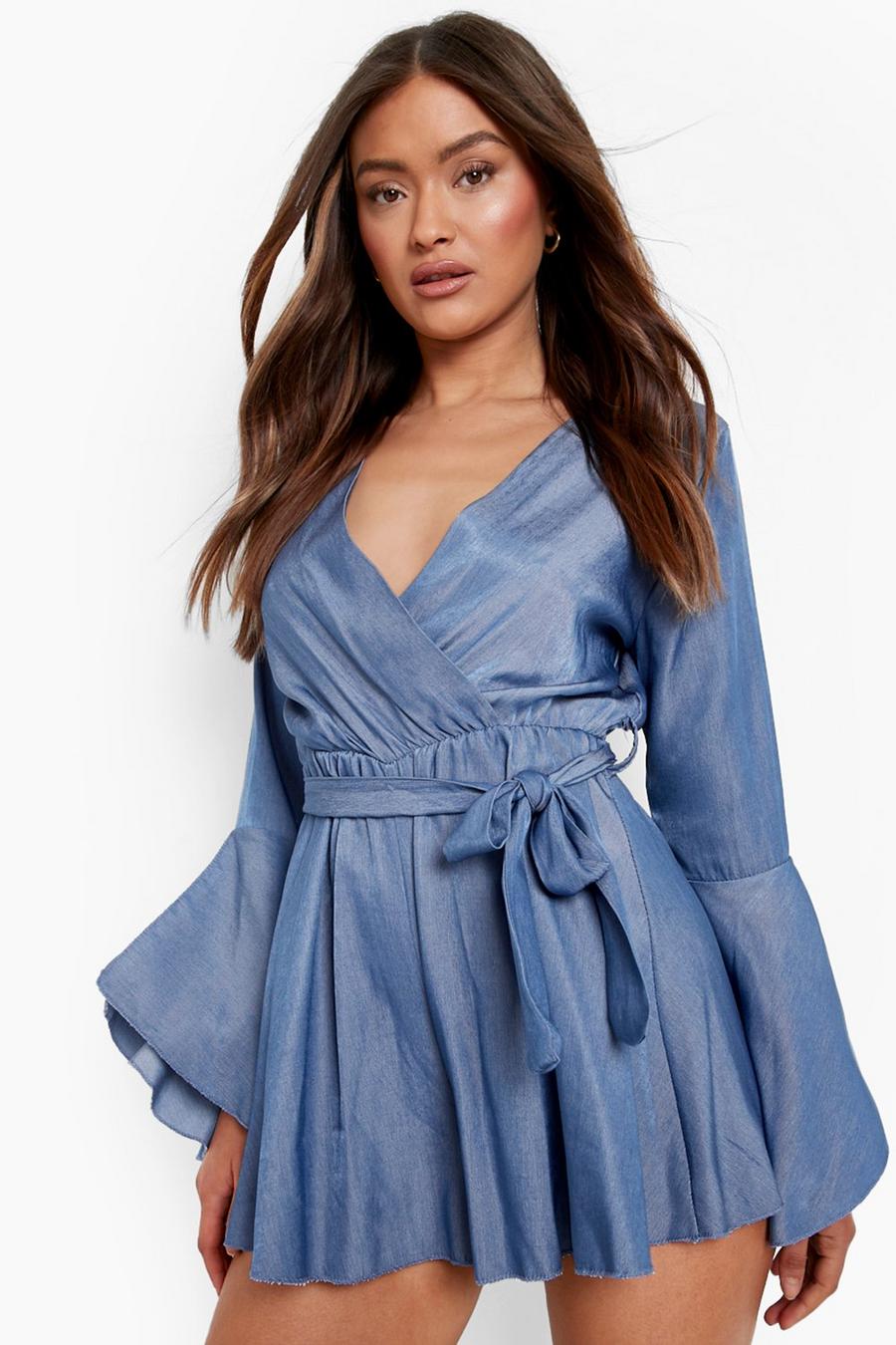 Mid blue Flared Sleeve Chambray Tie Waist Playsuit