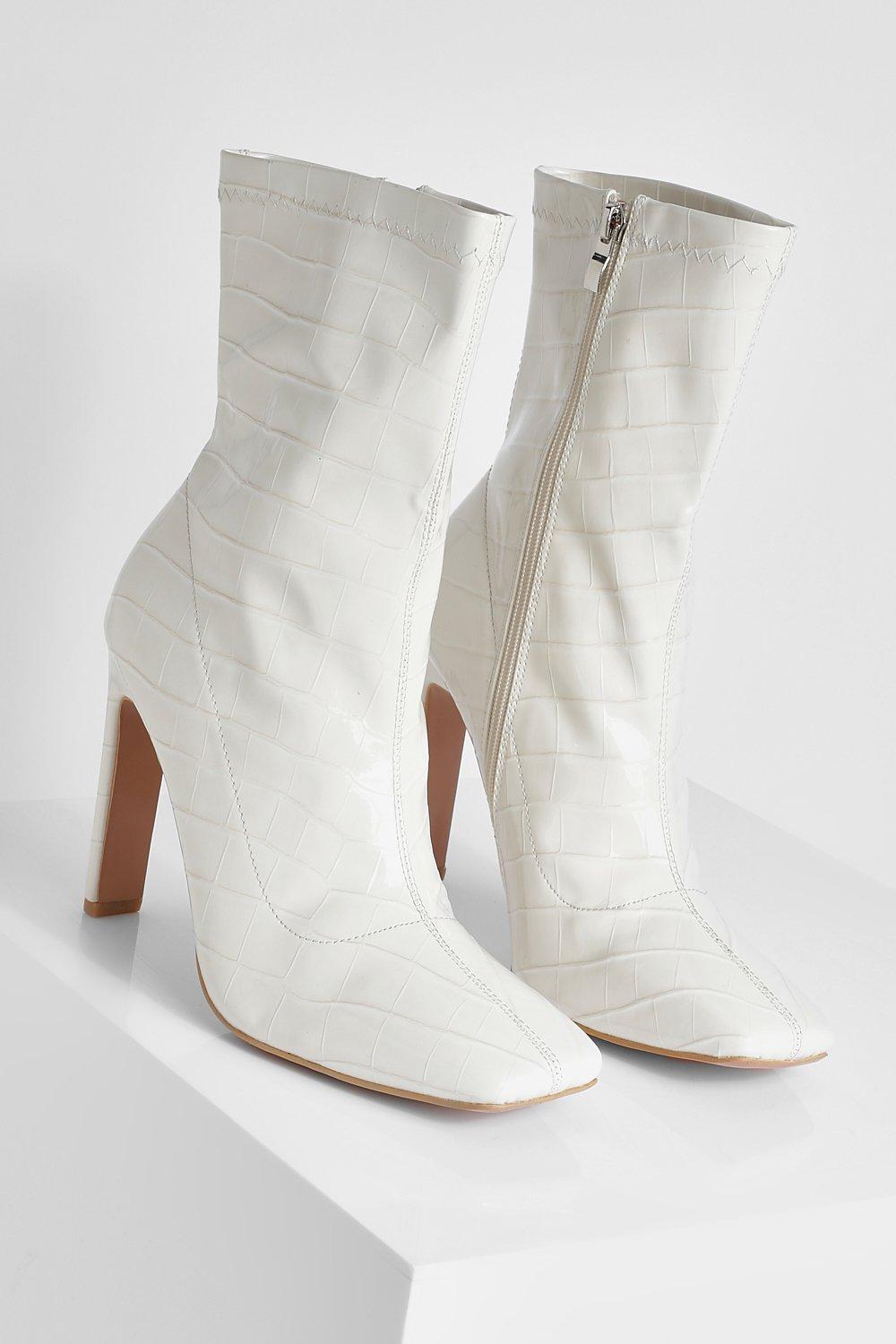 Missguided square toe boot in white faux croc hotsell