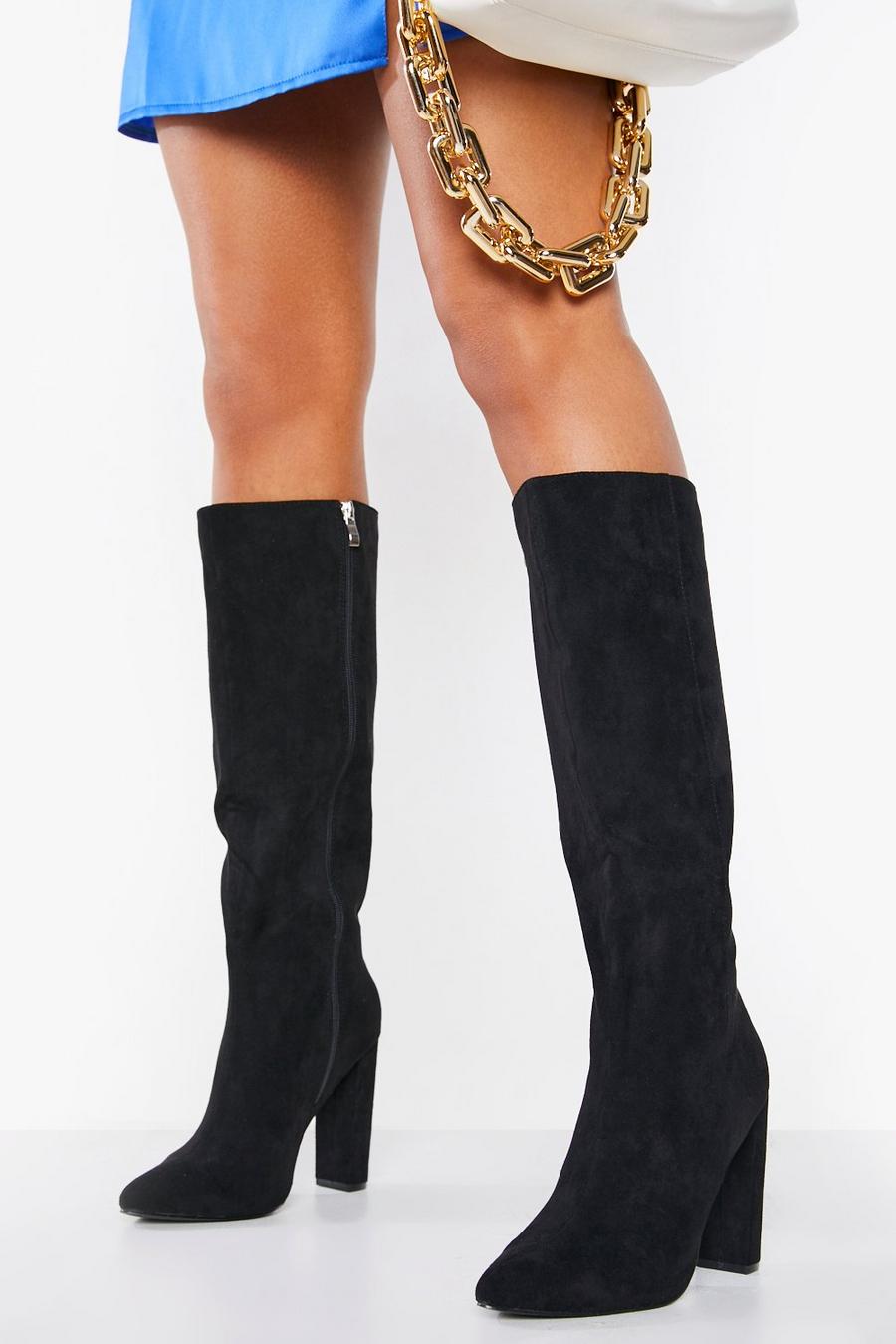 Black Pointed Knee High Heeled Boots image number 1