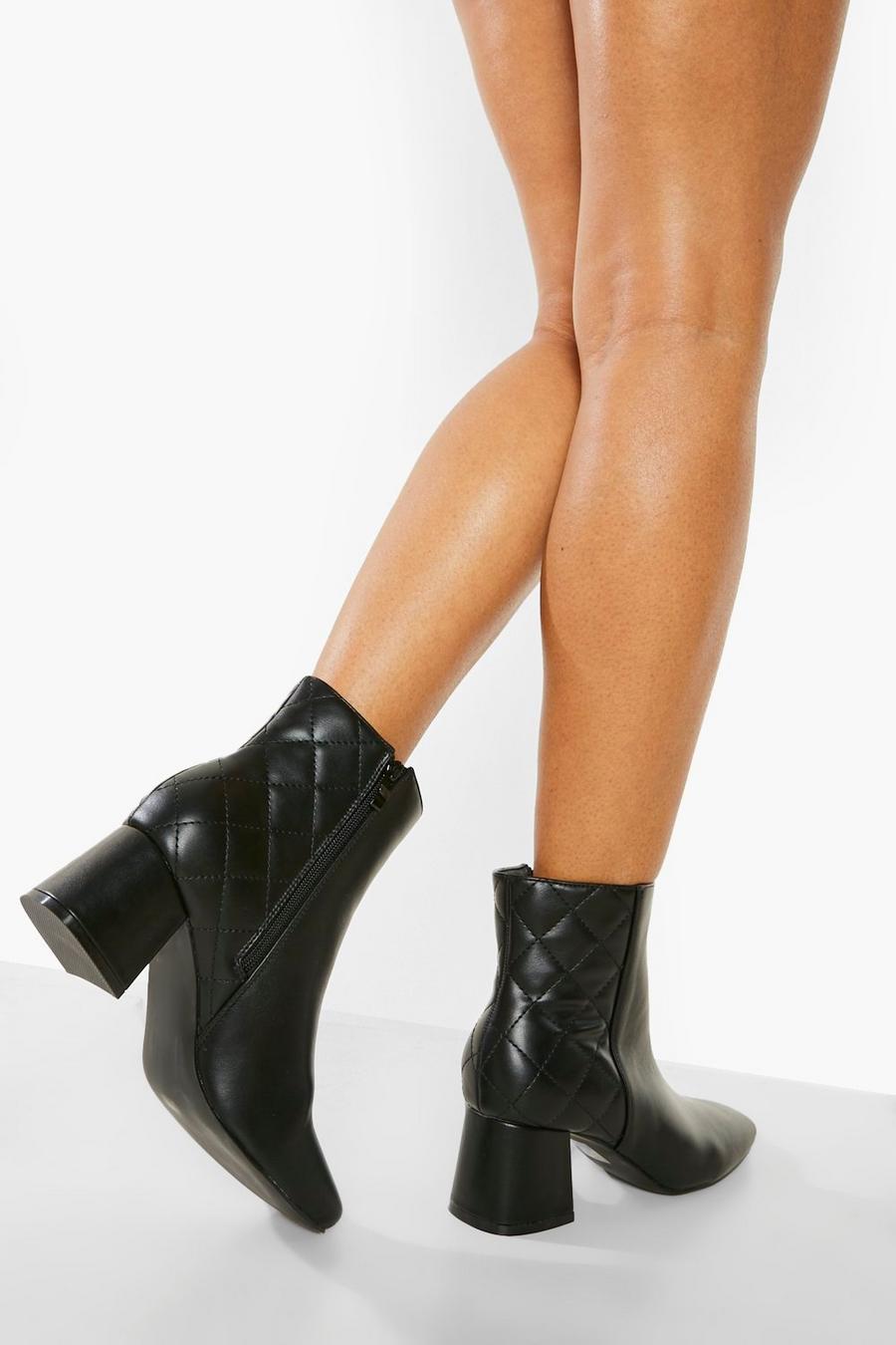 Black svart Square Toe Quilted Detail Boots