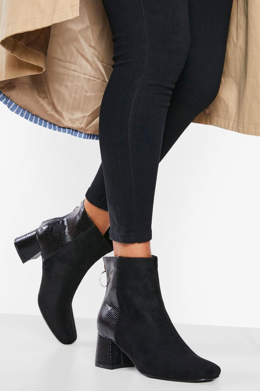 Black Square Toe Ring Detail Boots image number 1