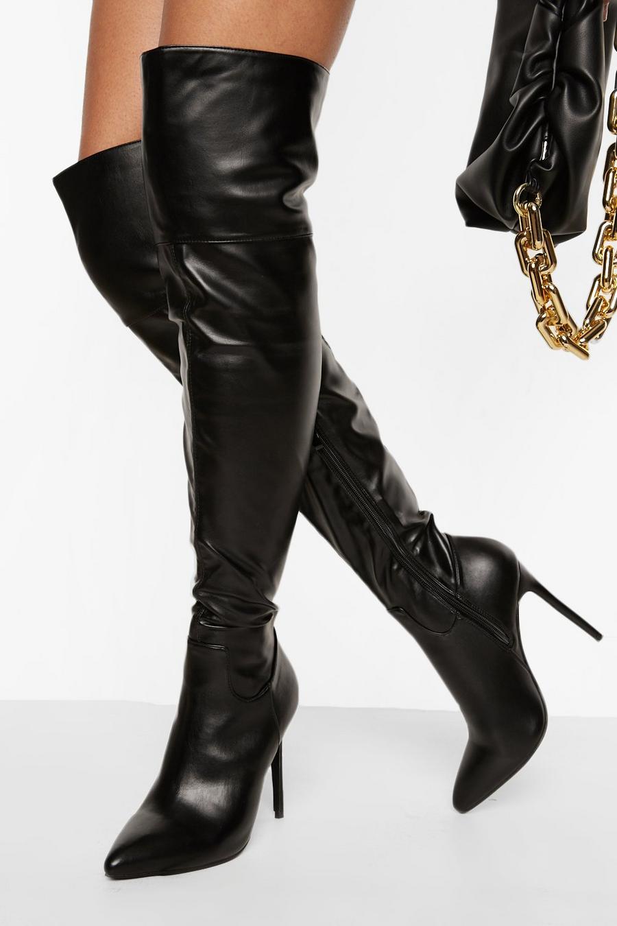Boohoo Pointed Over The Knee Stiletto Heeled Boots in Black Womens Shoes Boots Over-the-knee boots 