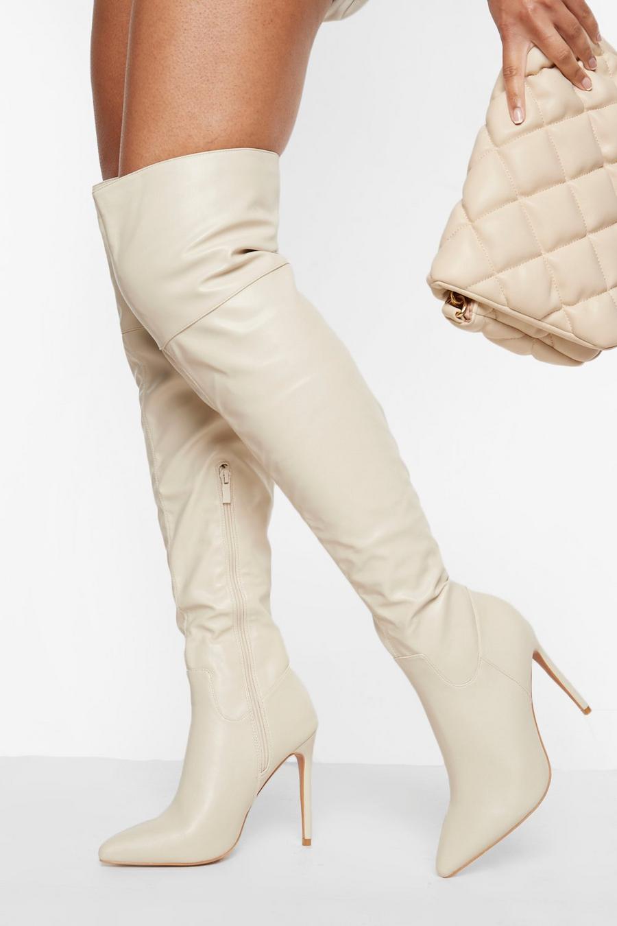 Ecru white Pointed Over The Knee Stiletto Heeled Boots