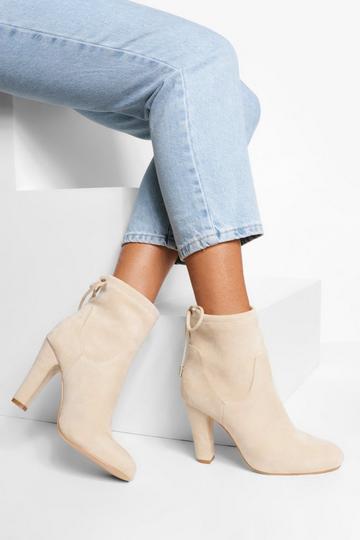 Stone Beige Wide Fit Tie Back Block Heel Sock Boots