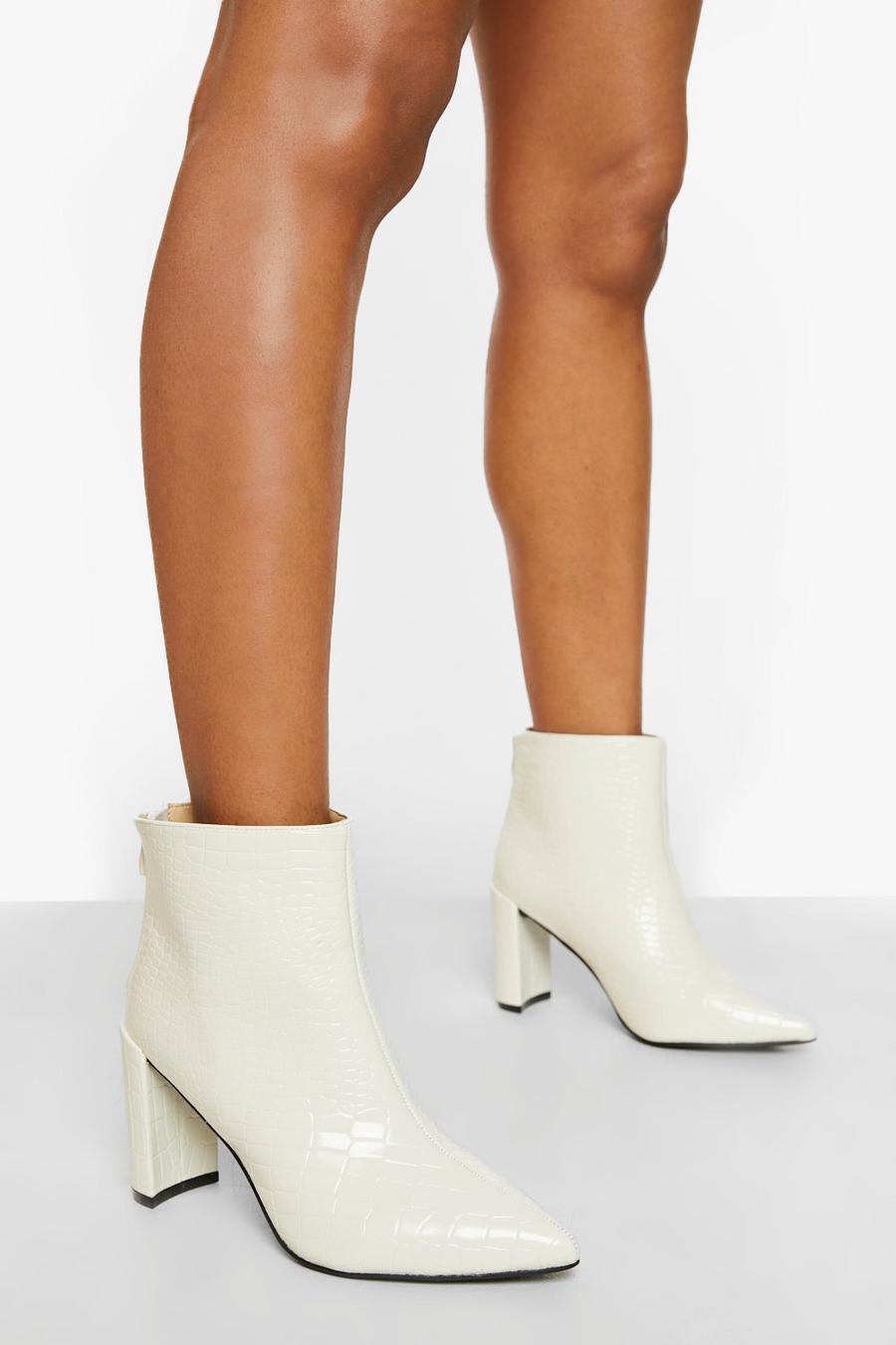 Off white Wide Fit Pointed Toe Croc Heeled Boots image number 1