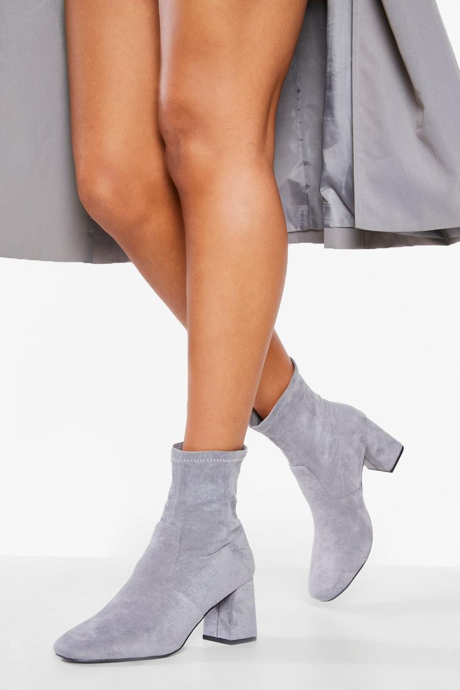 Grey Wide Fit Square Toe Block Heeled Boots