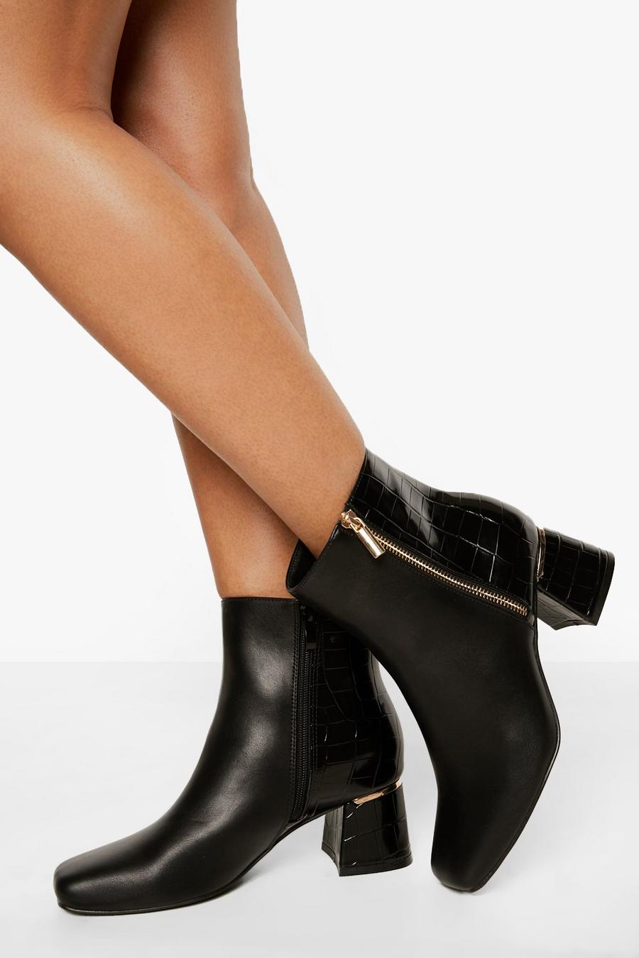 Black Wide Fit Square Toe Zip Detail Boots image number 1