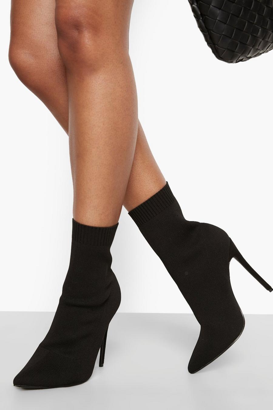 Black Wide Fit Pointed Knitted Stiletto Sock Boots image number 1