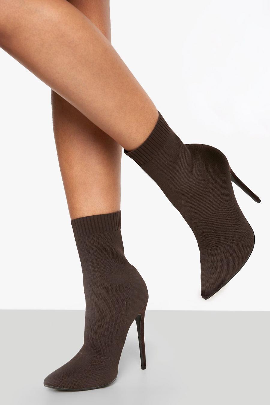 Chocolate marrón Wide Fit Pointed Knitted Stiletto Sock Boots