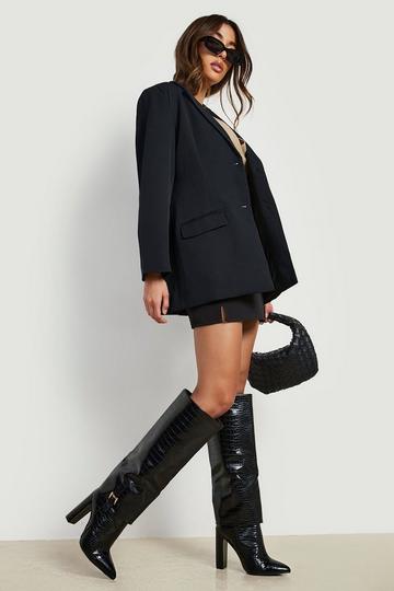 Black Fold Over Buckle Detail Pointed Knee High Boots