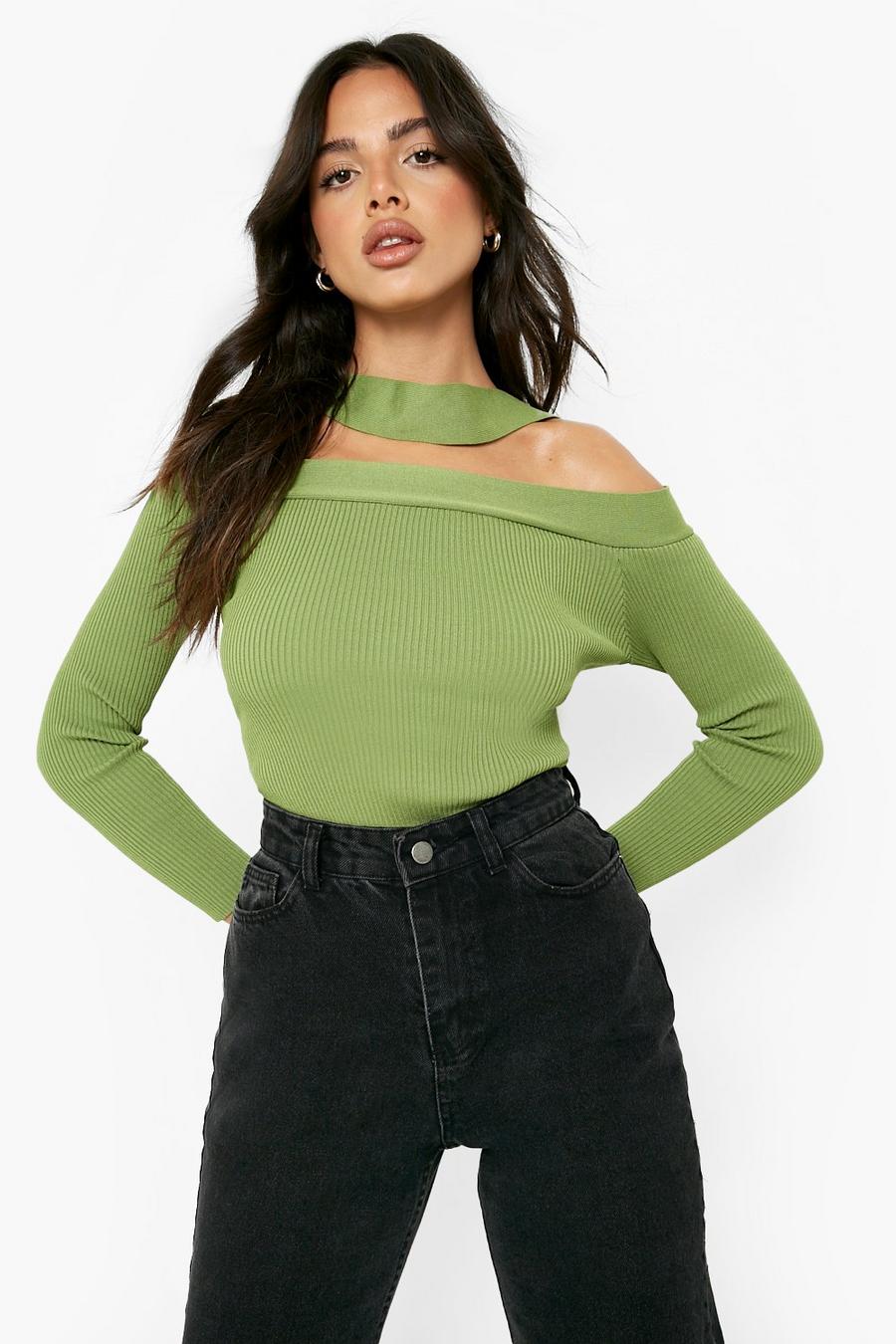 Green Off The Shoulder Rib Knitted Sweater image number 1