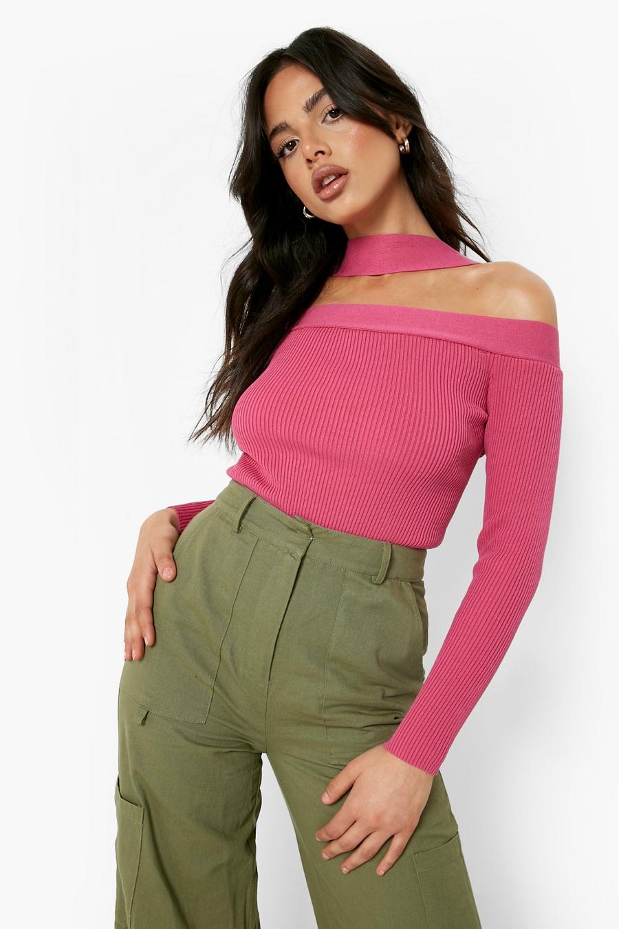 Pink Off The Shoulder Rib Knitted Sweater image number 1