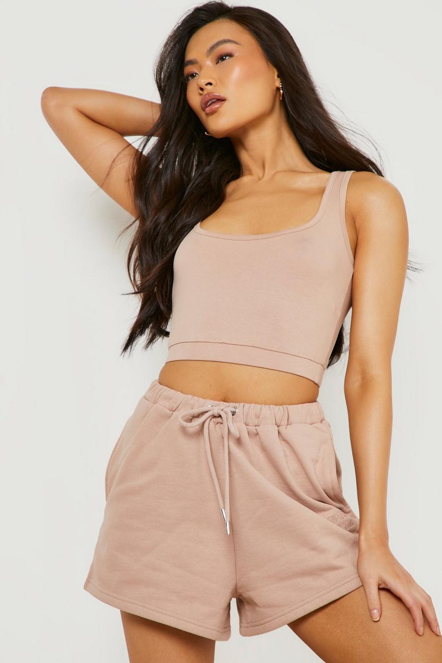 Taupe Square Neck Crop Top And Sweat Short Set image number 1