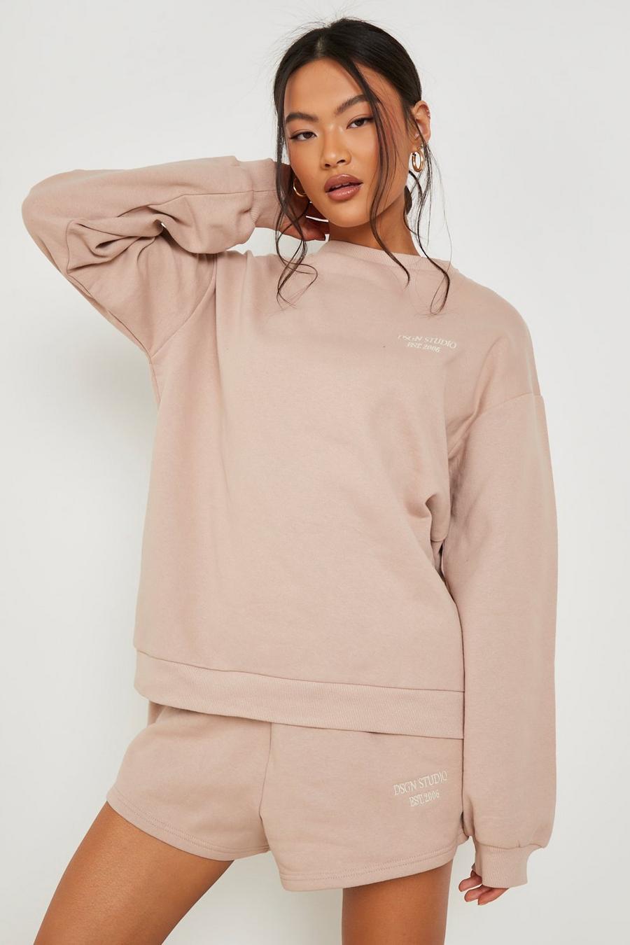Taupe Embroidered Sweater Short Tracksuit image number 1