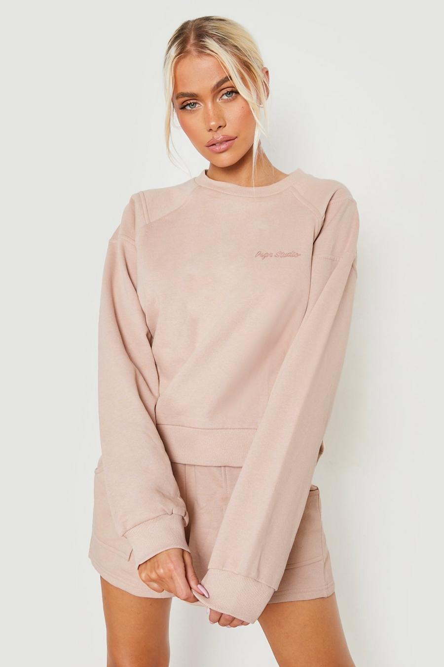 Taupe Seam Detail Sweater Short Tracksuit  image number 1