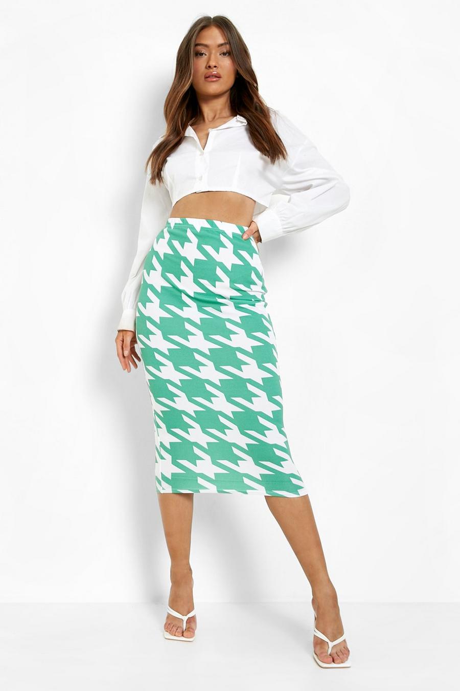 Green Oversized Dogtooth Print Basic Midi Skirt
