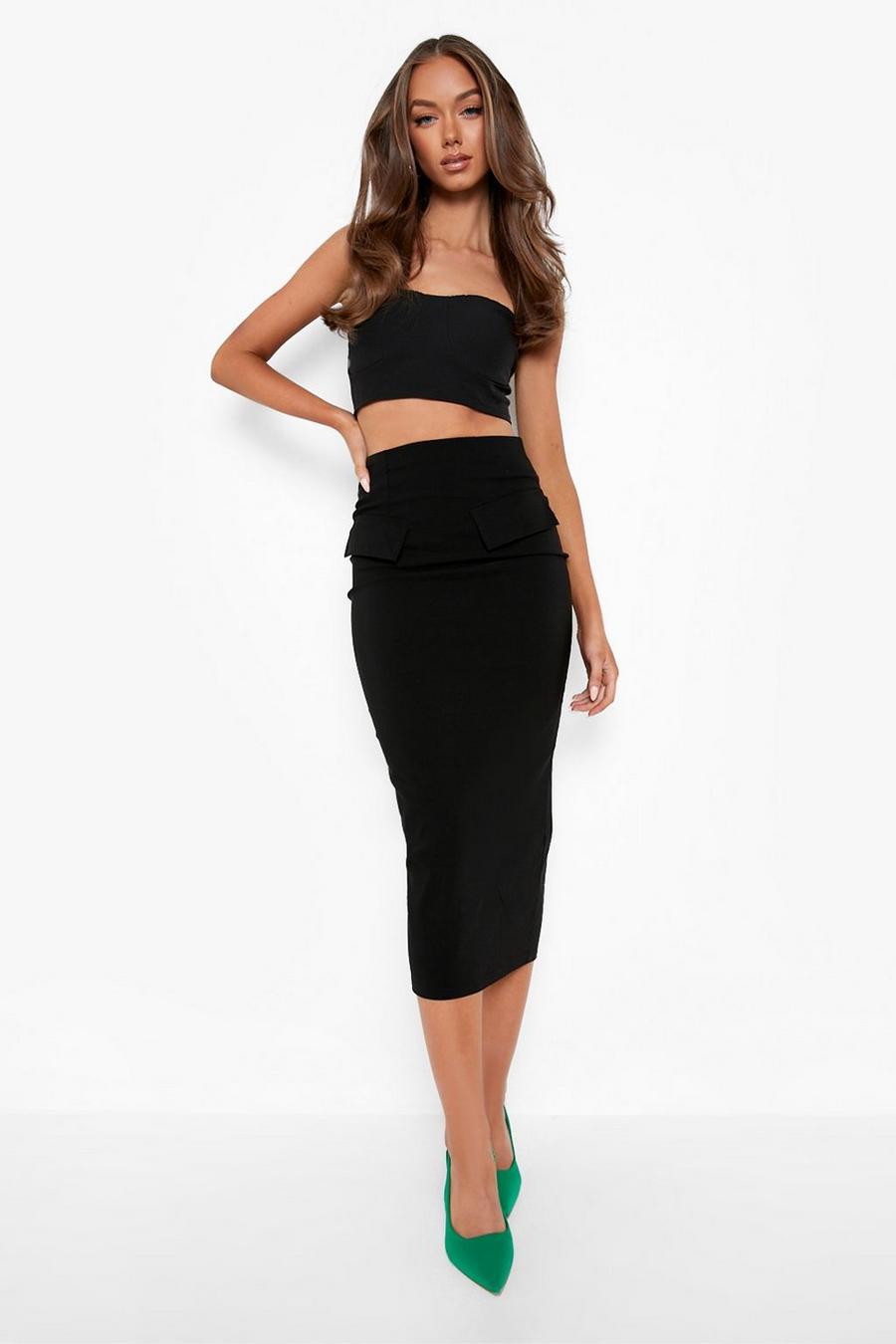Black Pocket Front Stretch Woven Midi Skirt image number 1