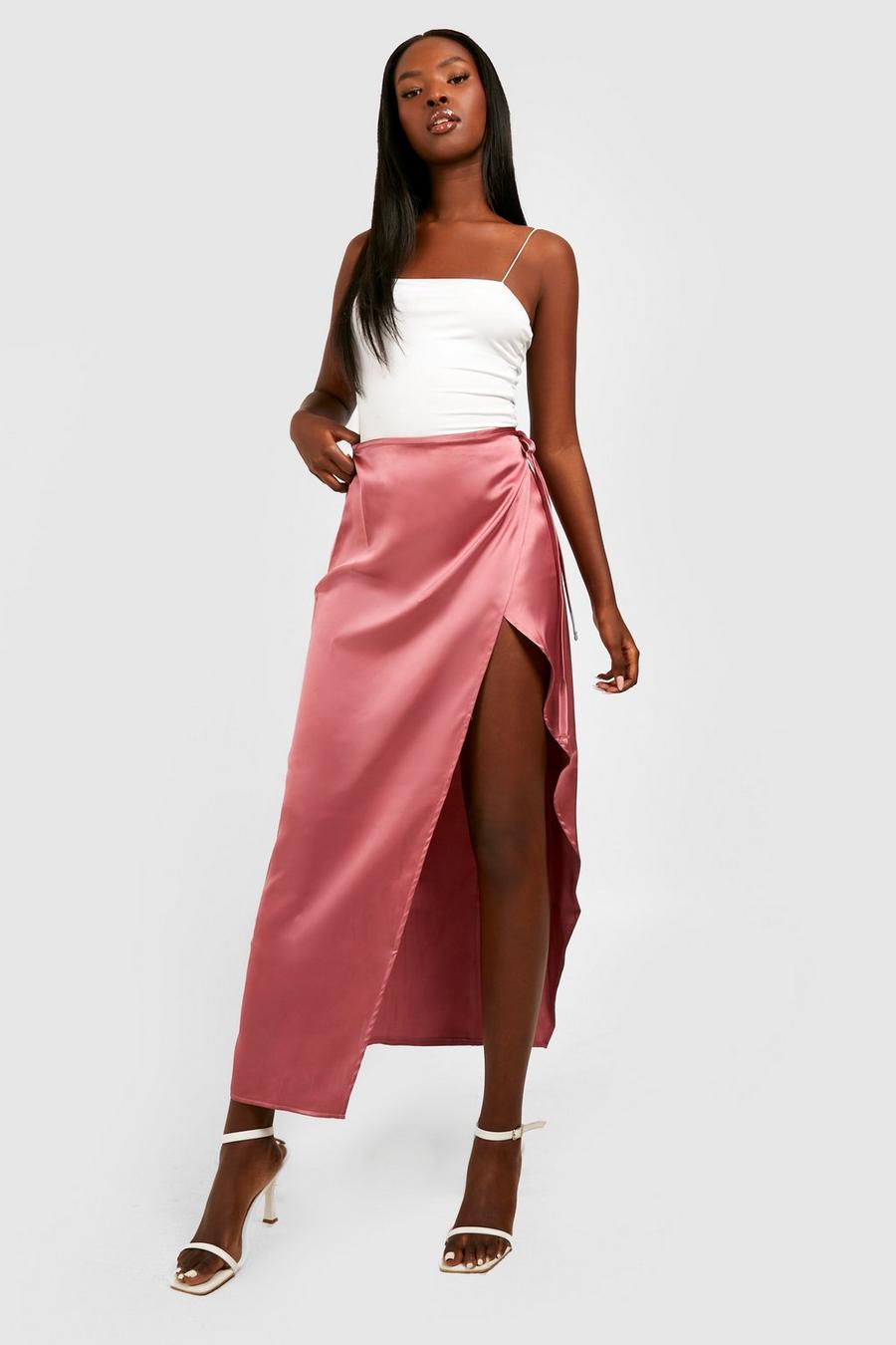 Dusty rose pink Tie Waist Wrap Satin Midi Skirt