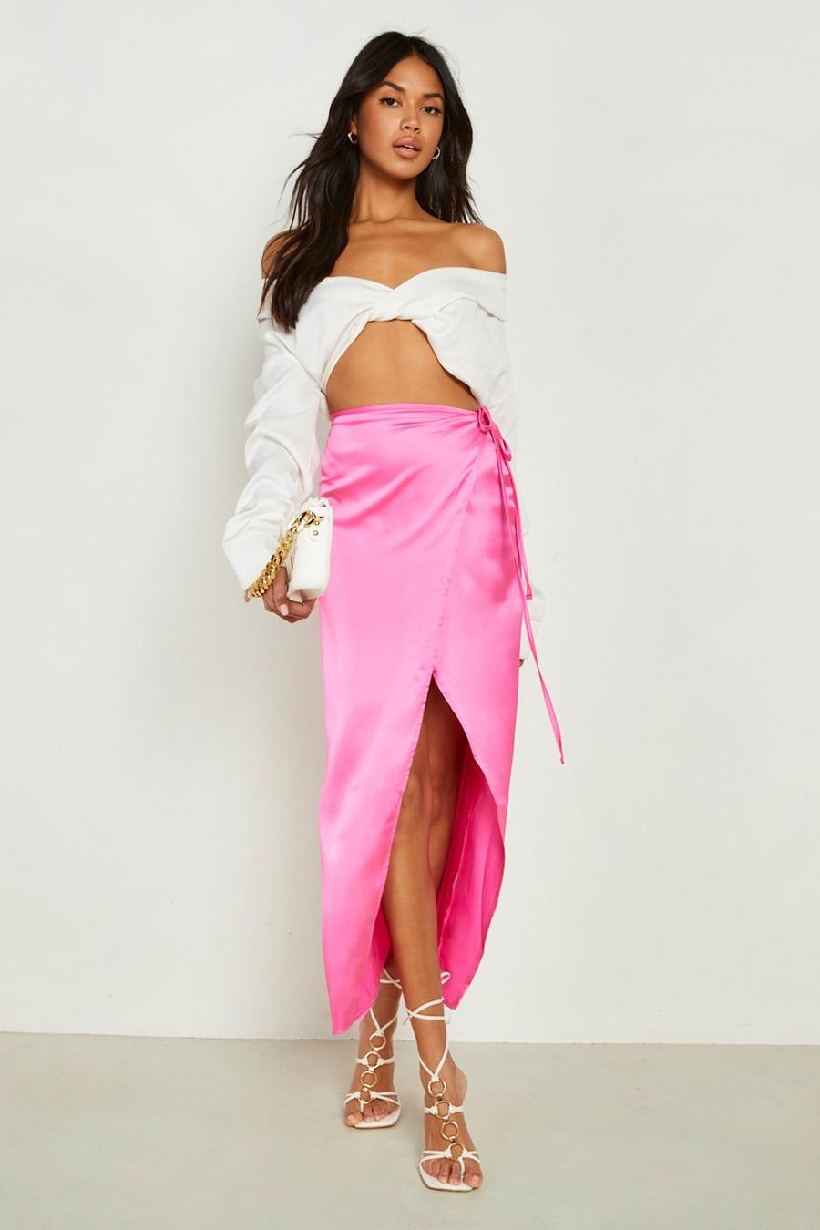 Pink Tie Waist Wrap Satin Midaxi Skirt image number 1