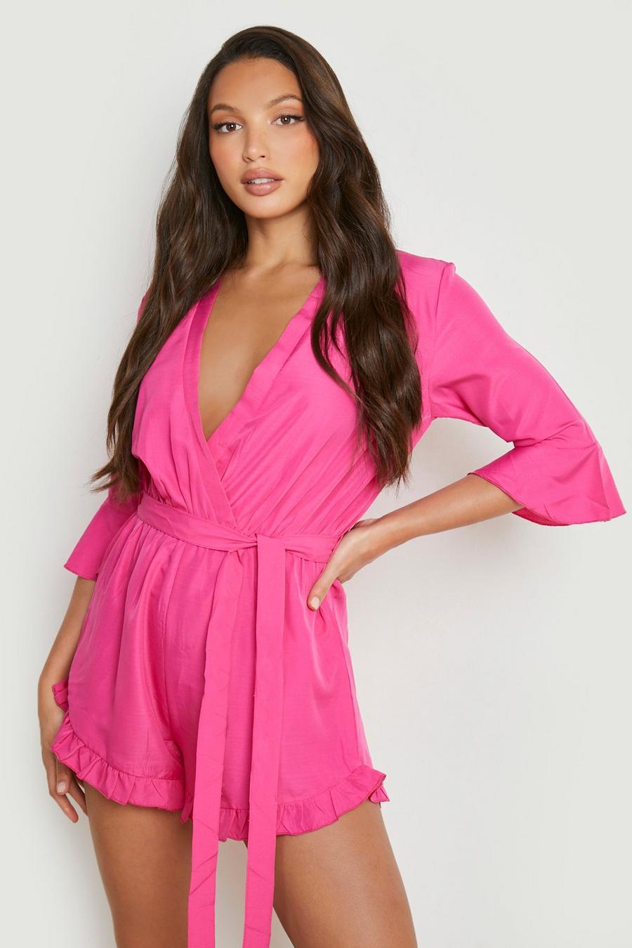 Hot pink Tall Wrap Belted Woven Ruffle Playsuit 