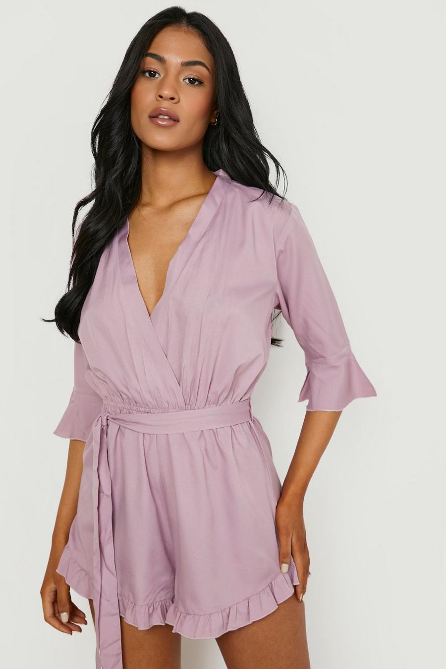 Lilac purple Tall Wrap Belted Woven Ruffle Playsuit 