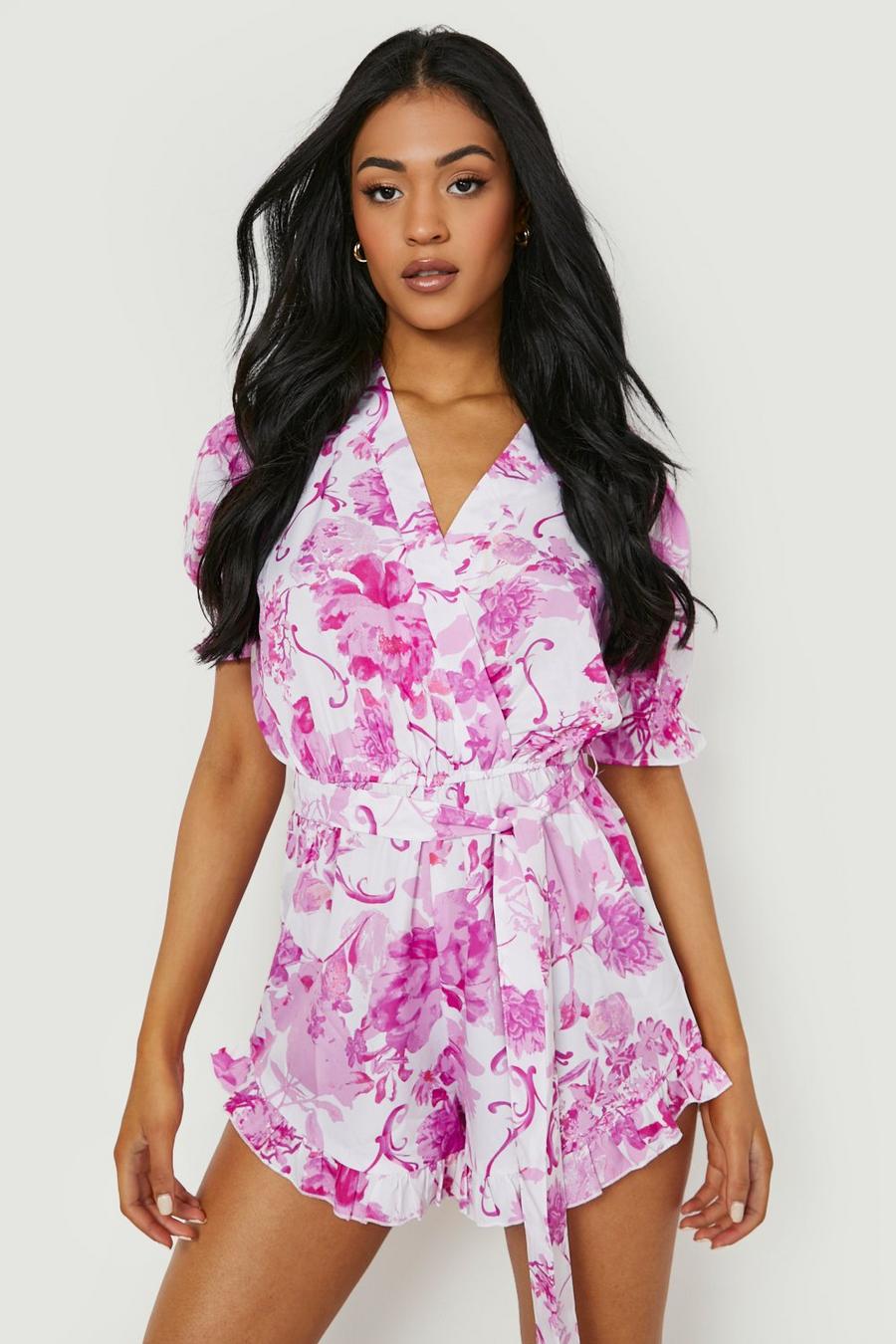 White Tall Floral Wrap Ruffle Short Playsuit image number 1