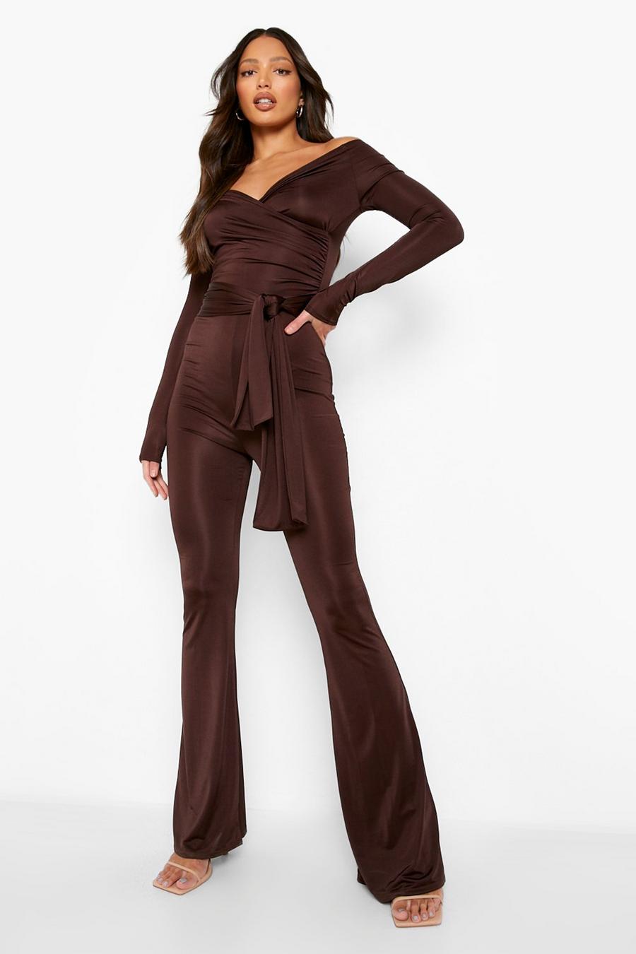 Chocolate brown Tall Off The Shoulder Slinky Jumpsuit