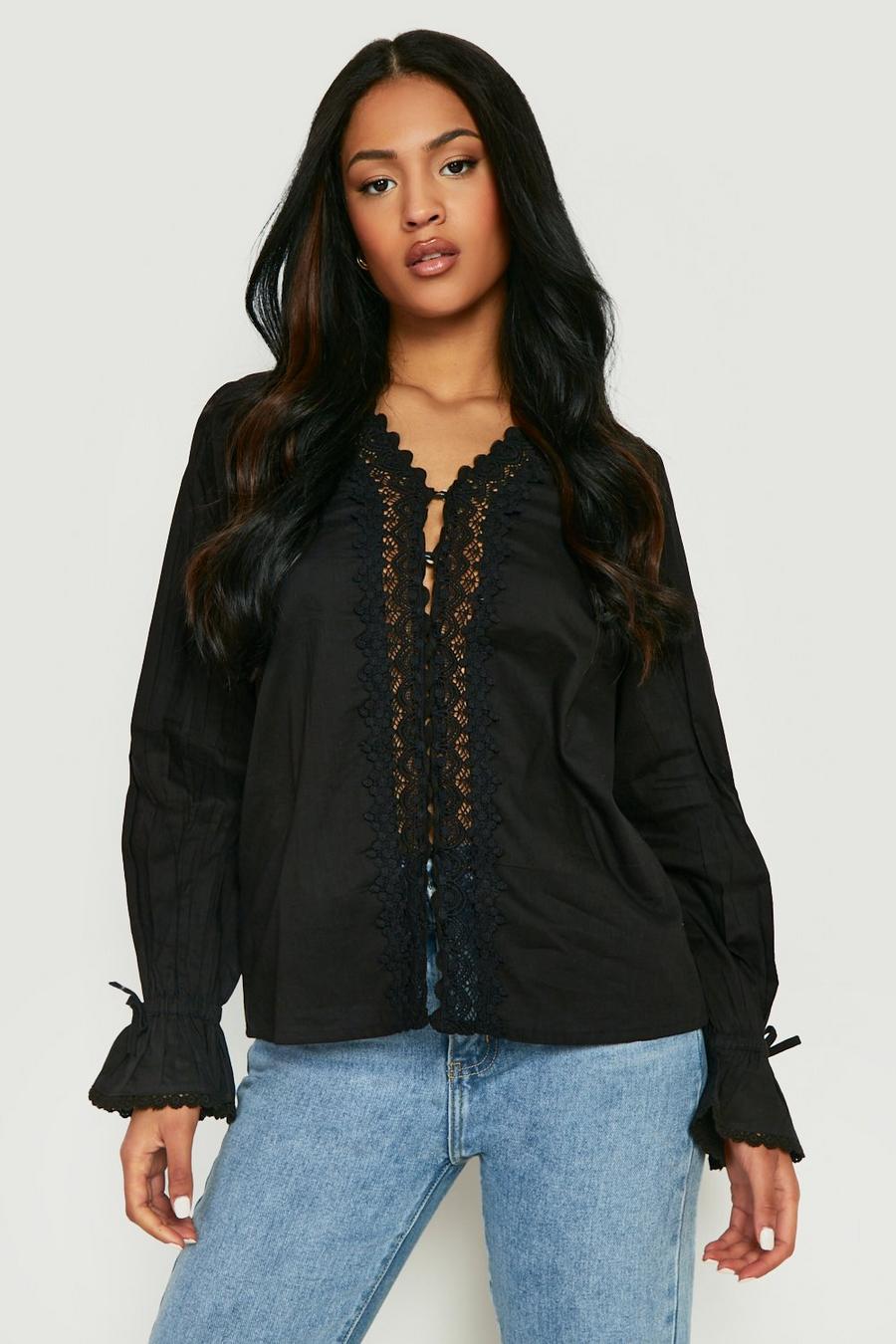 Black Tall Lace Detail Tie Sleeve Blouse image number 1