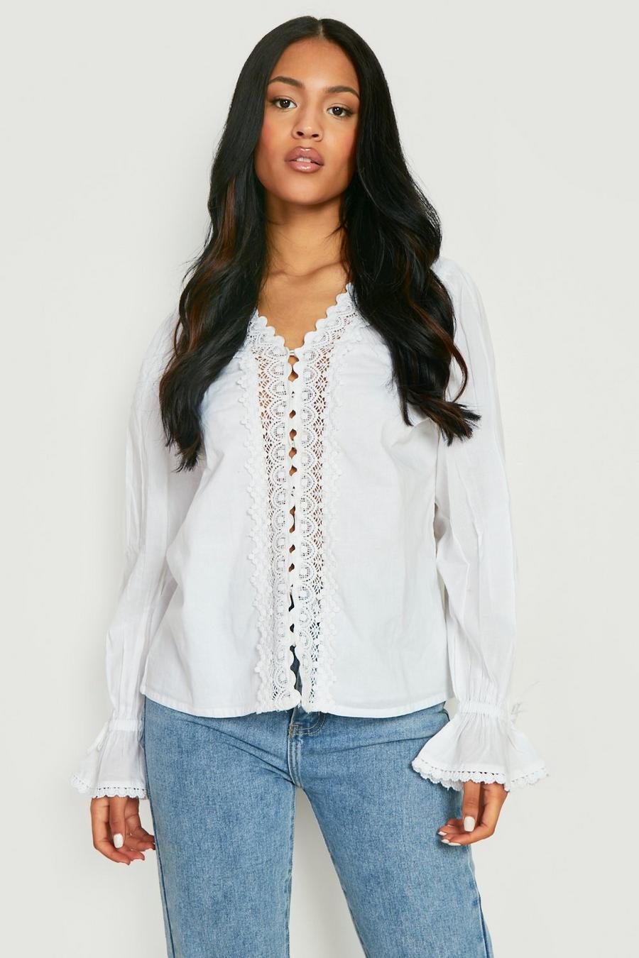White Tall Lace Detail Tie Sleeve Blouse image number 1