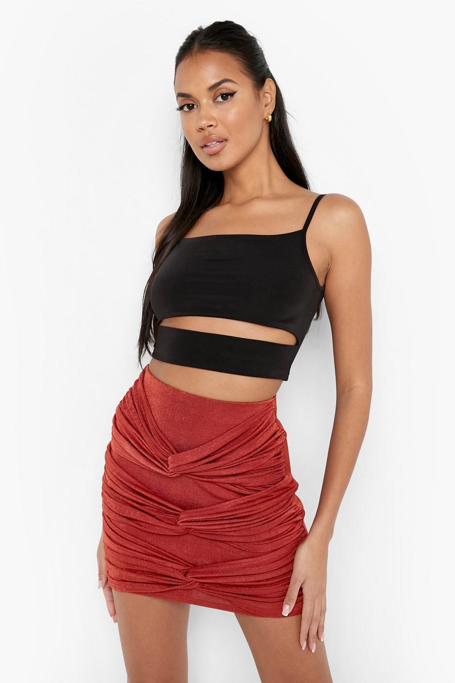 Rust High Waisted Twist Front Slinky Mini Skirt image number 1