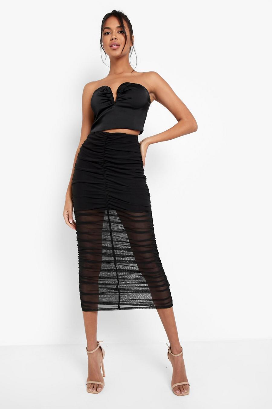 Black All Over Ruched Mesh Lined Maxi Skirt image number 1