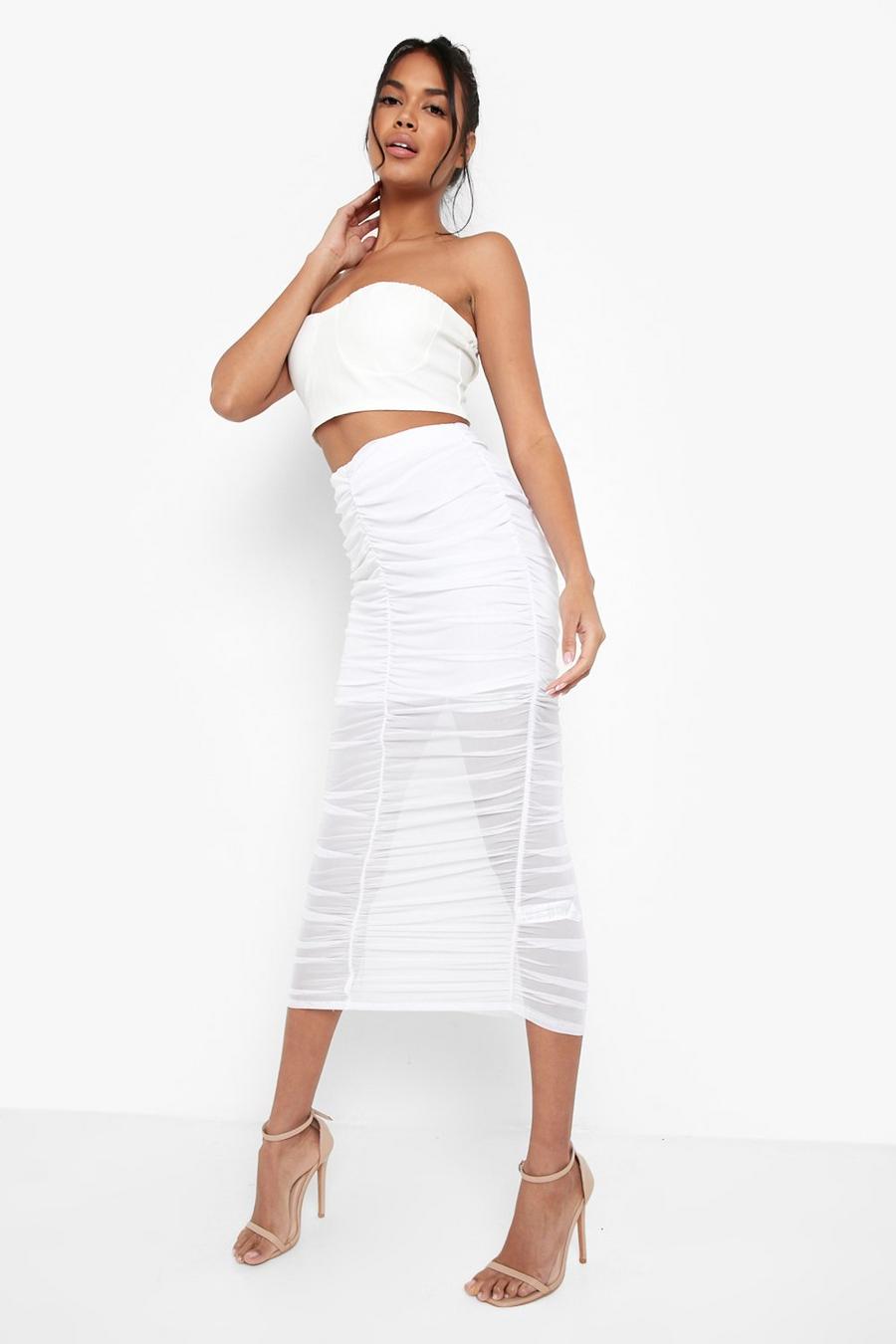 White All Over Ruched Mesh Lined Maxi Skirt image number 1