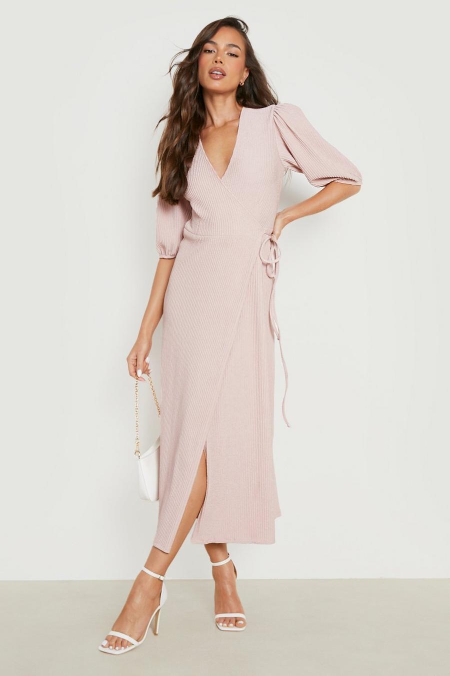 Blush Crinkle Puff Sleeve Wrap Midi Dress image number 1