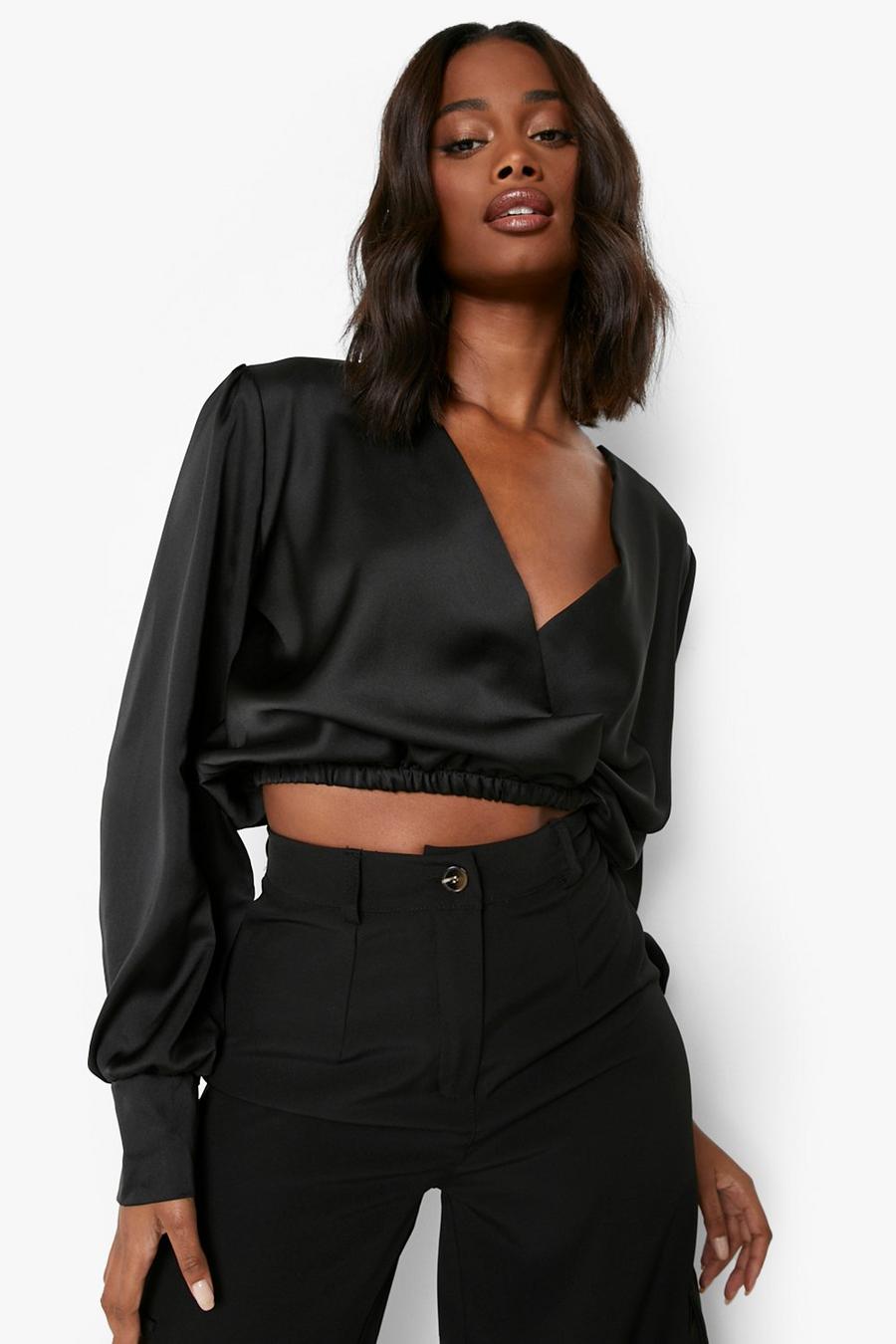 Black Satin Puff Sleeve Wrap Front Blouse image number 1
