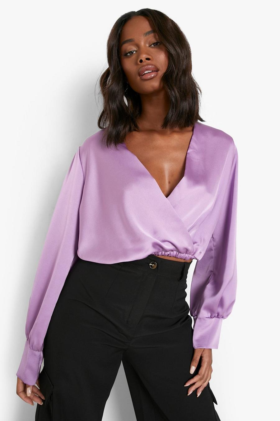 Lilac Satin Puff Sleeve Wrap Front Blouse image number 1