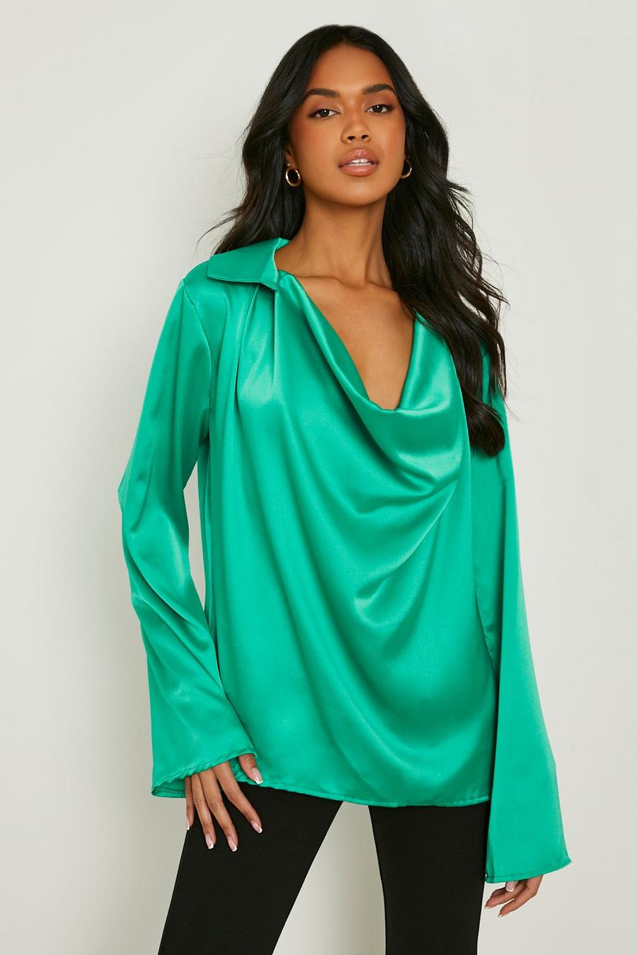 Emerald Satin Cowl Flared Sleeve Blouse image number 1