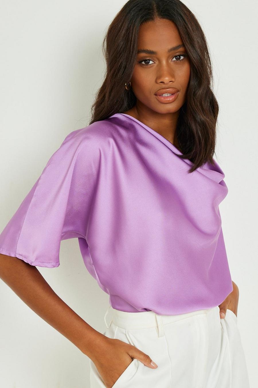 Lilac purple Satin Cowl Neck Short Sleeve Blouse image number 1