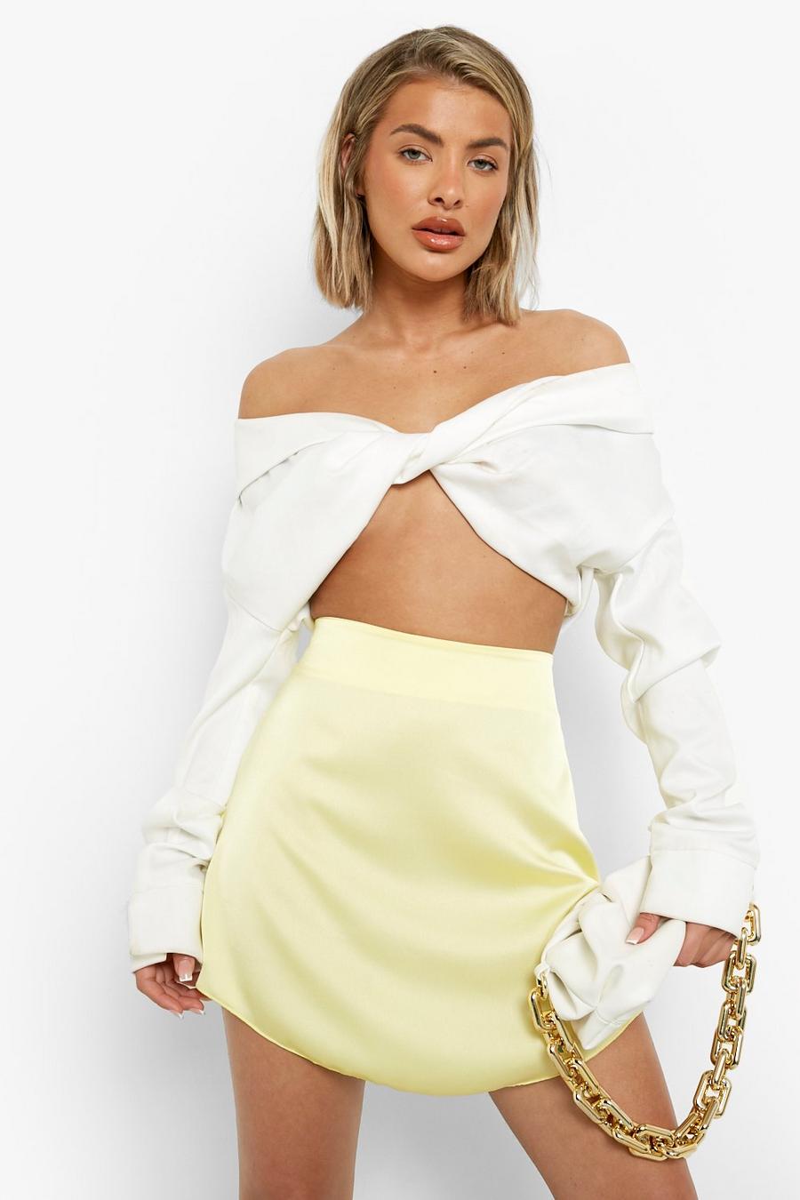 Yellow Satin Curved Hem Mini Skirt