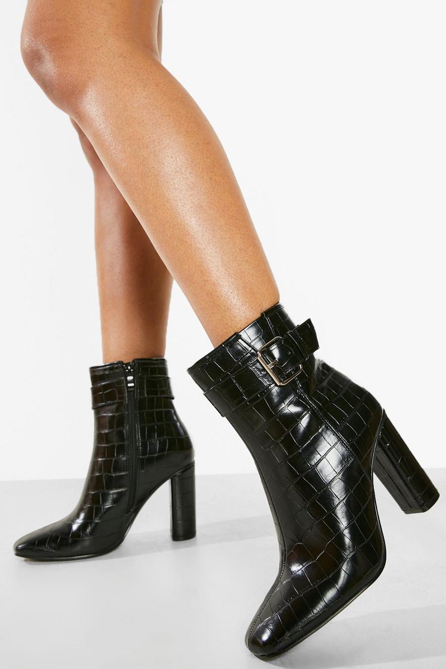 Black noir Buckle Detail Block Heel Ankle Boots