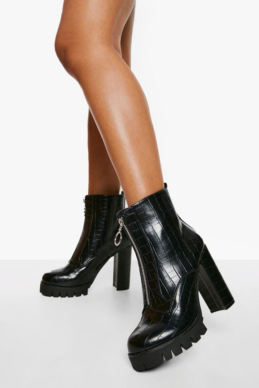 Black svart Chunky Zip Front Ankle Boots
