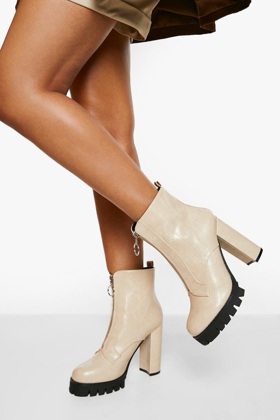 Nude Chunky Zip Front Ankle Boots