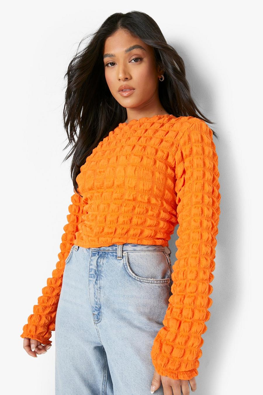 Orange Petite Bubble Jersey Knit Long Sleeve Top image number 1