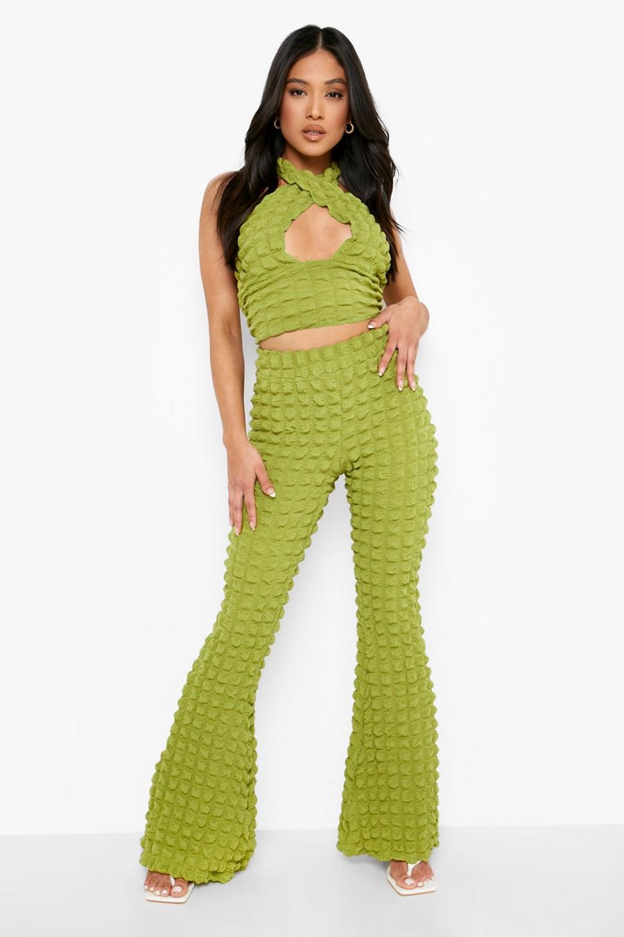 Lime Petite Bubble Jersey Knit Flare Pants