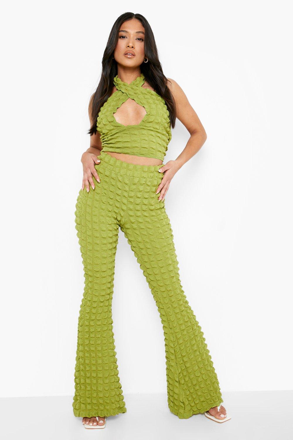 Boohoo Slim Flare 00 Brushed Cable Knit Joggers in Green
