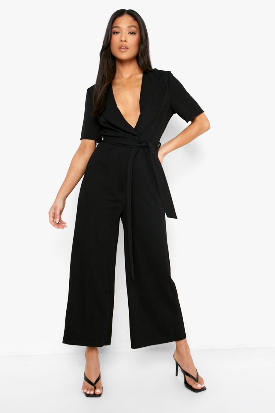 Black Petite Tailored Short Sleeve Belted Jumpsuit image number 1