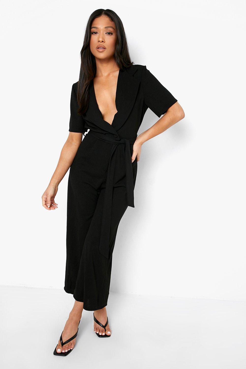 Petite Black Long Sleeve Wrap Jumpsuit