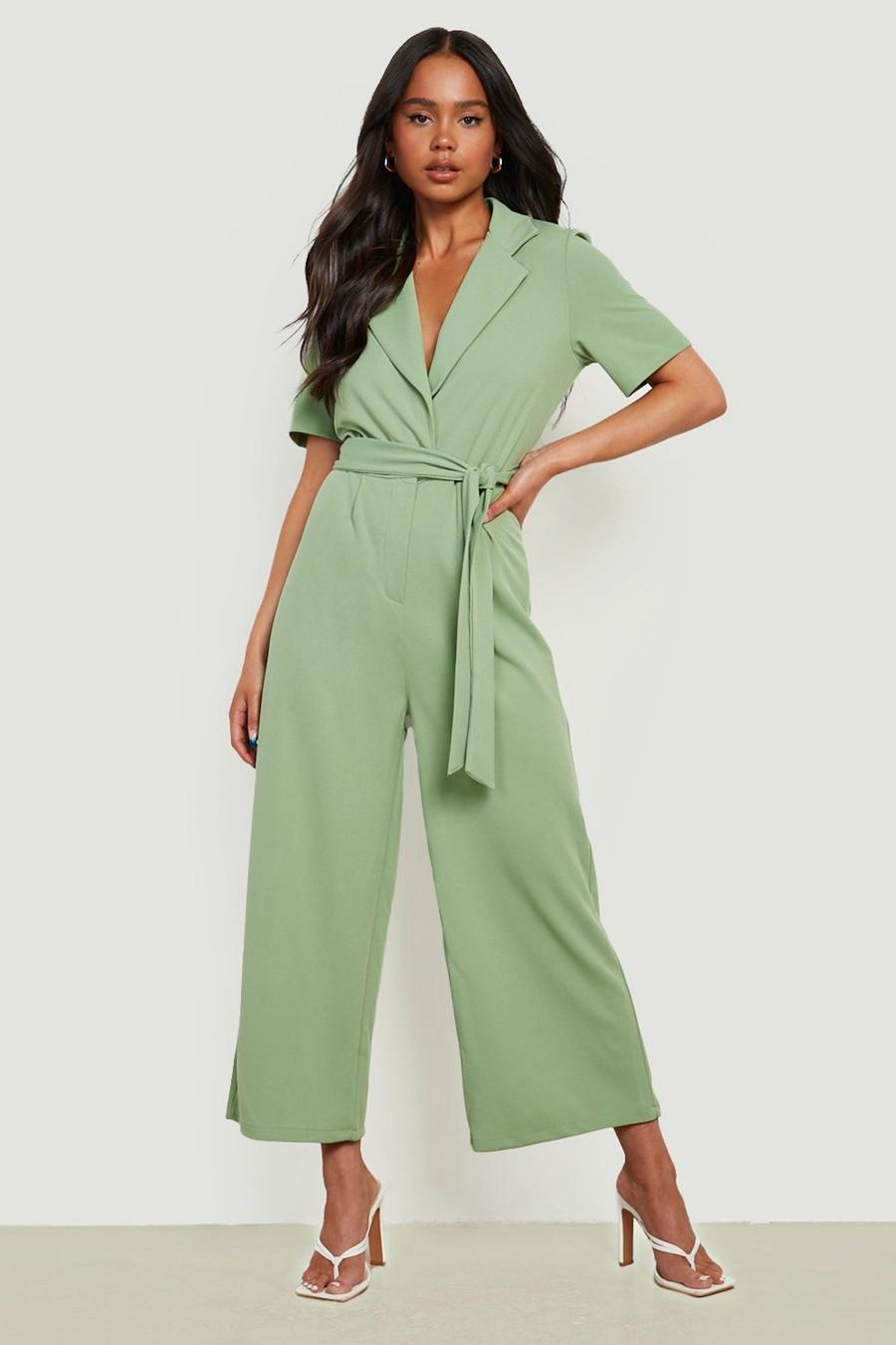 Sage green Petite Tailored Short Sleeve Belted Jumpsuit