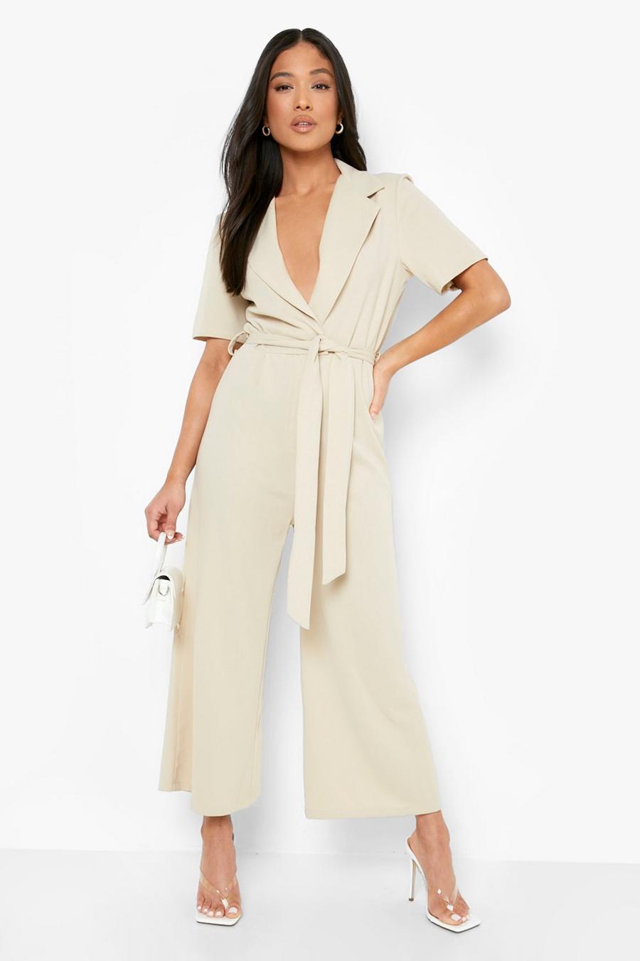 Stone beige Petite Tailored Short Sleeve Belted Jumpsuit