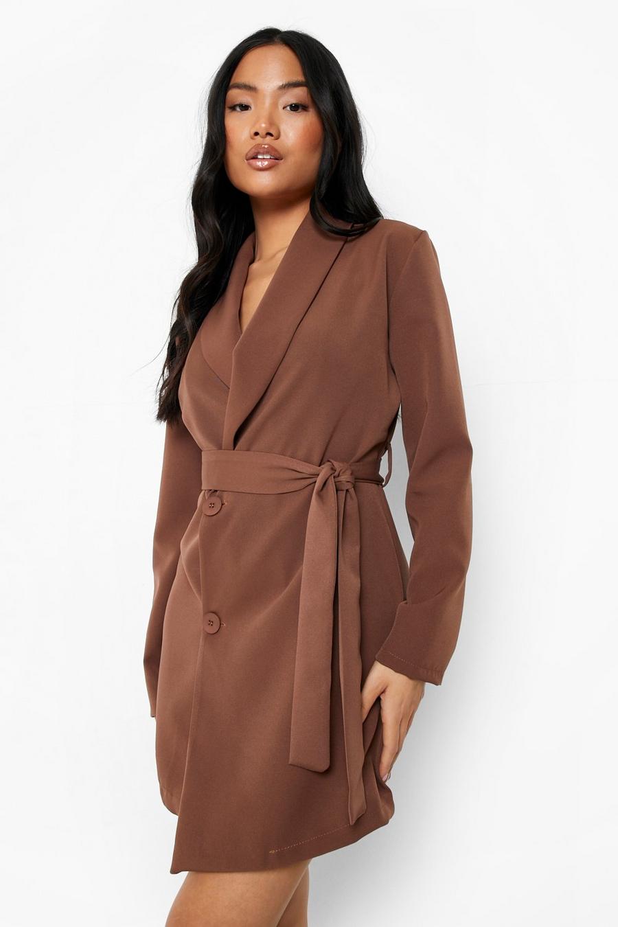 Chocolate brun Petite Shoulder Pad Wrap Belted Blazer Dress