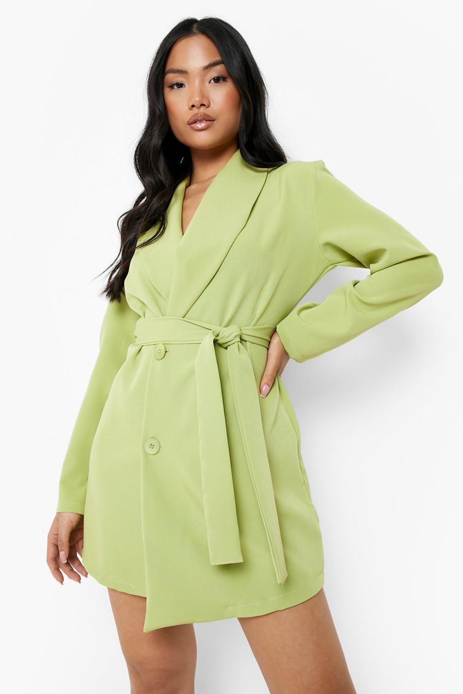 Lime green Petite Shoulder Pad Wrap Belted Blazer Dress